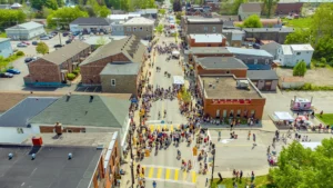 Downtown Kemptville from above, crowds at kemptville buskerfest