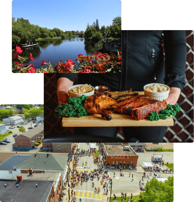 photo collage of the kemptville creek, a smokehouse platter from hyde smokehouse and bar, and a drone image of downtown kemptville during the buskerfest event.