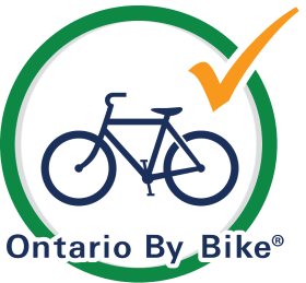Ontario By Bike Association Logo - Bike with Green Circle around it and a gold check mark with the text Ontario By Bike